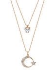 Harem Altın Çift Zincirli Tek Taşlı Ay Yıldız Gümüş Rose Kolye GMS1915