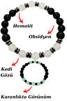 Sertifikalı Obsidyen Kedi Gözü Hematit Doğal Taş Bileklik Karanlıkta Işık Saçar