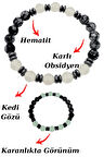 Sertifikalı Karlı Obsidyen Kedi Gözü Hematit Doğal Taş Bileklik Karanlıkta Işık Saçar