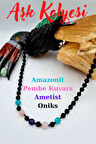 Sertifikalı Aşk Kolyesi Doğal Taş Amazonit Pembe Kuvars Ametist Oniks