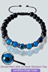 Sertifikalı Gerçek Obsidyen - Fasetli Mavi Akik Taşı Bileklik - Ayarlamalı