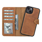 Apple iPhone 14 Uyumlu Deri Cüzdanlı Kılıf MWWN G19 Taba