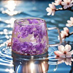 Canlı Kurutulmuş Mor Çiçekli Isıya Dayanıklı Çift Çidarlı Kupa