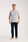 Moda Erkek Gri Düğmeli Yaka Kısa Kol Pijama Takımı