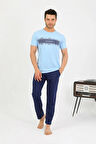 Moda Erkek Pamuk Kısa Kol Pijama Takım Mavi