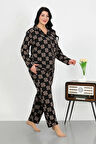 Moda Kadın Büyük Beden Pamuklu Cepli Düğmeli Siyah Pijama Takım