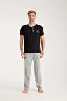 Moda Erkek Siyah Düğmeli Yaka Kısa Kol Pijama Takımı