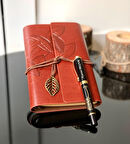 Kişiye Özel Yaldızlı Besmele Kabartmalı Tükenmez Kalem Ve Yaprak Tasarımlı Deri Hatıra Defteri Seti