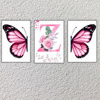 Kız Çocuk Odası İçin Pembe Kelebek ve Harf Tasarımlı Çerçevesiz Duvar Posteri