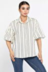 Balon Kol Çizgi Desenli Kadın Salaş Keten Gömlek