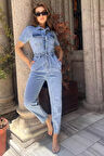 Polo Yaka Çift Cepli Kadın Jean Kot Tulum Salopet