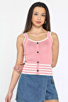 Ön Düğme Detaylı Şeritli Kadın Mevsimlik Triko Bluz