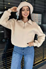 Dik Yaka Yarım Fermuarlı Şardonlu Kadın Sweatshirt