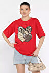 Ön Leopar Desen Kalp Baskılı Bisiklet Yaka Kadın Tişört