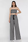 Kadın Çizgi Desenli Straplez Crop Top Bluz Palazzo Pantolon İkili Takım