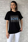 Love Taşlı Bisiklet Yaka Kadın Tişört