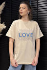 Love Taşlı Bisiklet Yaka Kadın Tişört