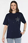 Yıldız Taşlı Bisiklet Yaka Kadın Tişört