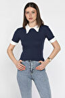Kadın Polo Yaka Renk Garnili Kaşkorse Bluz