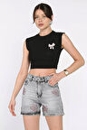 Kadın Çiçek Taşlı Jean Kot Şort