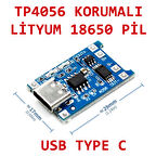 TP4056 Korumalı Lityum Pil Şarj Devresi Type C Usb Batarya