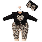 Leopar Desenli Kız Bebek Bandanalı Tulum Takımı