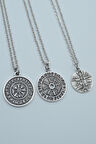 3'lü Viking Pusula Tılsım Şaman Davulu - Kam Davulu  Gümüş Kaplama Unisex Düz Zincir Kolye Seti kod 1223