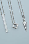 3'lü Çubuk Düz Bar Geometrik Küp Triagel Ok Ucu  Gümüş Kaplama Unisex Düz Zincir Kolye Seti kod 1219