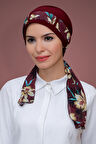 Bordo Pratik Hazır Geçmeli Tesettür Bone Sandy Kumaş Desenli Şifon Kemerli 1205D_16