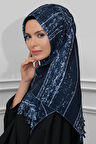 Lacivert Pratik Hazır Geçmeli Tesettür Eşarp Kesik Elyaf Piliseli Çizgili Desenli 1818D2_02