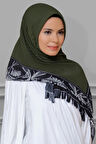 Haki Pratik Hazır Geçmeli Tesettür Eşarp Kesik Elyaf Piliseli Çiçek Desenli 1818D3_09