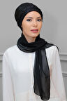 Siyah Pratik Hazır Geçmeli Tesettür Bone Fukuro Piliseli Örgülü Şifon Atkılı 1825A_01
