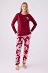 Pierre Cardin 8866 Büyük Beden Kadın Düğmeli Vişne Uzun Kol Pijama Takım