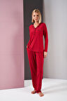 Pjs 26001 Kadın Saten Düğmeli Yaka Cepli Uzun Kollu Pijama Takım