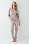 Arnetta Kadın %100 Pamuklu Açık Yaka Çizgili Uzun Kollu Rahat Pijama Takım