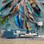 Mavi Renkli Tüy Desenli Duvar Kağıdı Baskı