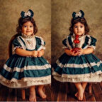 Yeşil Krem Vintage Kız Bebek Elbisesi, Özel Dikim Kız Çocuk Elbisesi, Doğum günü elbisesi, fotoğraf