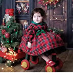 Yeşil Yakalı Ekose Kız Bebek Elbisesi,fotoğraf çekim elbisesi, 0-12 Yaşa Uygun