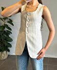 Çizgili Uzun Keten Yelek Gri
