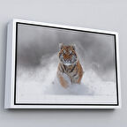 Beyaz Çerçeveli Karda Koşan Yavru Kaplan Dekoratif Kanvas Tablo