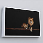 Beyaz Çerçeveli Aslanlar Dekoratif Kanvas Tablo