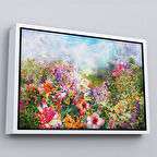 Beyaz Çerçeveli Suluboya Görünümlü Çok Renkli Çiçek Manzaralı Kanvas Tablo