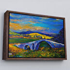 Kahverengi Çerçeveli Köy Taşköprüsü Günbatımı Manzarası Duvar Tablosu