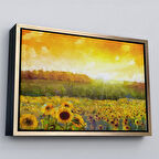 Altın Çerçeveli Ayçiçeği Tarlası Yağlıboya Görünüm Dekoratif Kanvas Tablo