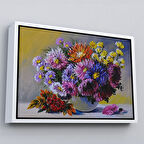 Beyaz Çerçeveli Renkli Çiçekler Yağlıboya Görünüm Dekoratif Kanvas Duvar Tablosu