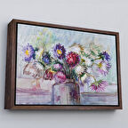 Kahverengi Çerçeveli Aster Çiçeği Yağlı Boya Görünümlü Dekoratif Duvar Tablosu