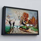 Siyah Çerçeveli Sonbahar Köy Manzarası Dekoratif Duvar Tablosu