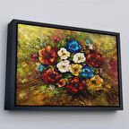 Siyah Çerçeveli Çiçek Buketi Yağlıboya Görünüm Dekoratif Kanvas Duvar Tablosu