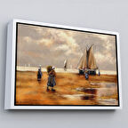 Beyaz Çerçeveli Balıkçılar ve Sahildeki Yelkenli Duvar Tablosu