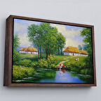 Kahverengi Çerçeveli Akarsudan Su Dolduran Kadın Yağlıboya Görünüm Dekoratif Kanvas Duvar Tablosu